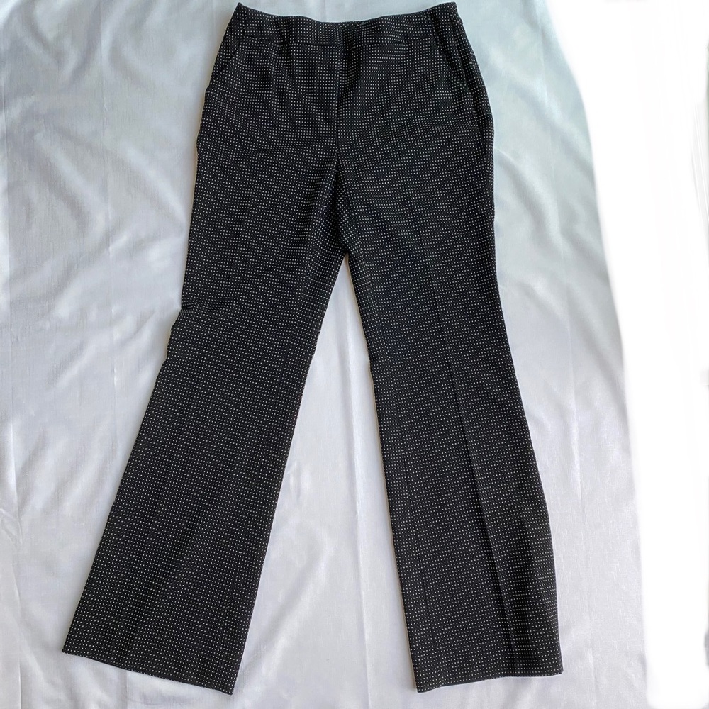 Women’s Chico’s Career Boot Flare Pants, Black Polka Dot Print, Size 2R.